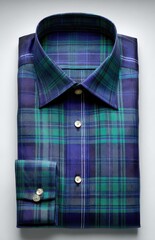 Folded plaid shirt, deep blues & greens