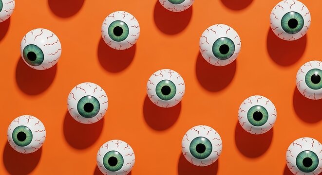 A pattern of spooky eyeballs with green irises and red veins on an orange background, perfect for halloween decorations and themes