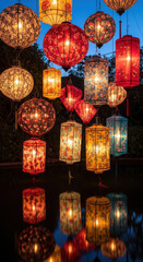Fototapeta premium Vibrant assortment of illuminated paper lanterns hanging in a festive outdoor setting