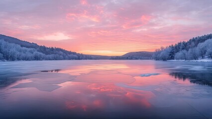 Fototapeta premium Frozen lake at dawn, vibrant pink hues reflected