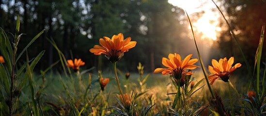 Orange wildflowers in sunlight with green grass and blurry forest background