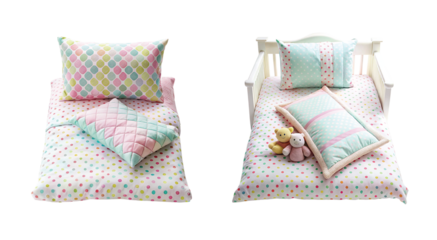 Baby Bedding Set: A cute baby bedding set including a small comforter and pillow, soft pastel colors, PNG format.