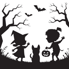  Set of Halloween silhouettes with cute ghosts and a scary Jack-o'-lantern.
