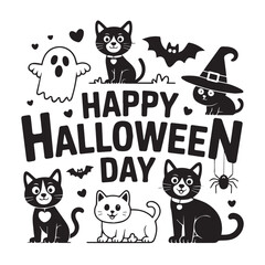 Cute Happy Halloween Day vector illustration with cats, a ghost, and a witch hat.
