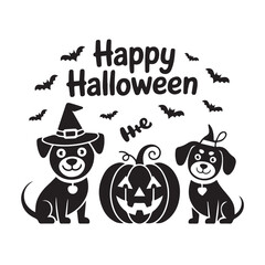 Cute Happy Halloween Day vector illustration with cats, a ghost, and a witch hat.