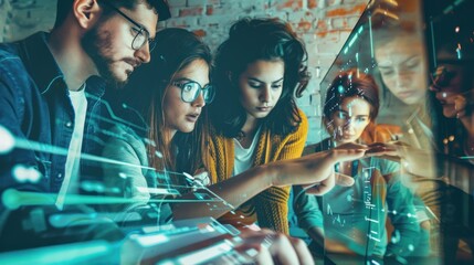 Group of Young Professionals Collaborating with Digital Interface in Modern Office