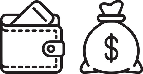 Wallet and Money Bag Icon Set – Finance, Banking, and Savings Vector Illustration