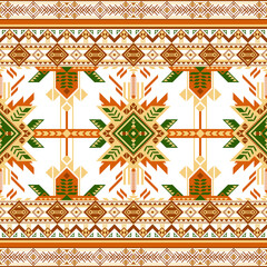 A tribal-inspired textile pattern with bold star-like geometric motifs in framed by intricate diamond borders, a vibrant symmetrical design. Native American ethnic pattern. Vector ethnic seamless.