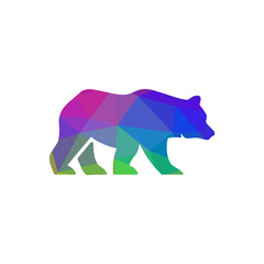 A vibrant, multicolored low-poly bear silhouette stands against a clean white background.