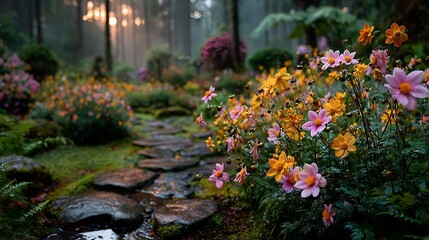 Fototapeta premium Radiant Wildflower Composition Flourishing in Botanical Garden – Immersive Visual for Sustainable Wellness and Digital Nature Branding