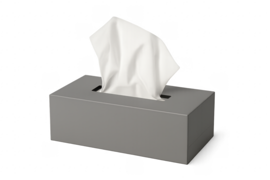 Gray tissue box dispensing white facial paper