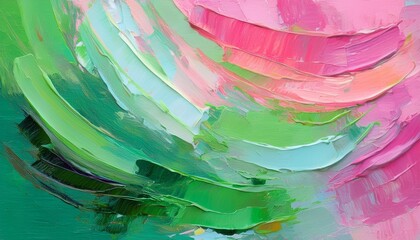 closeup of abstract rough colorful green pink colors art painting texture background wallpaper with oil or acrylic brushstroke waves pallet knife paint on canvas