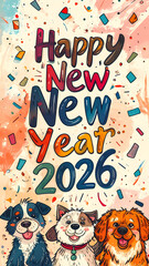 Festive illustration of three cartoon dogs celebrating New Year 2026 with colorful confetti and joyful text.