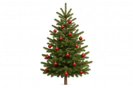 Christmas tree decorating holiday season with red ornaments, transparent background evergreen fir tree isolated element