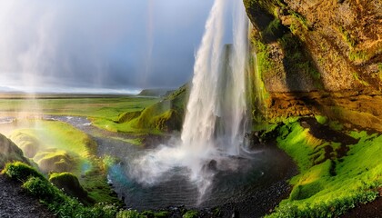 Fototapeta premium icelandic waterfall crashing into rocks rainbow in mist and moss covered cliffs