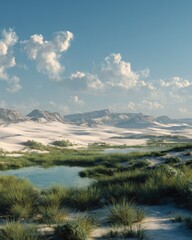 Scenic landscape of sandy dunes with small lake under blue sky and clouds