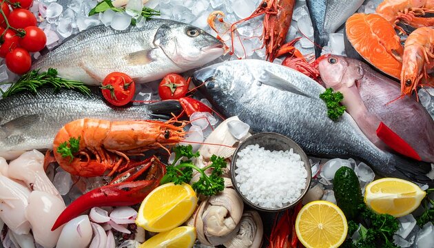 Fresh seafood assortment on ice