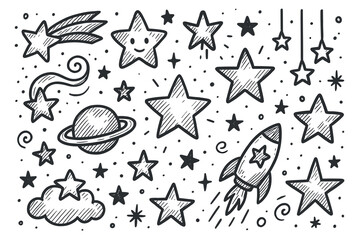 Hand-drawn celestial doodles: stars, planets, and rockets in black and white