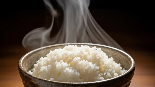 Close-up of a steaming bowl of white rice, capturing its texture and aroma. Fresh, hot rice is a staple food for many cultures.