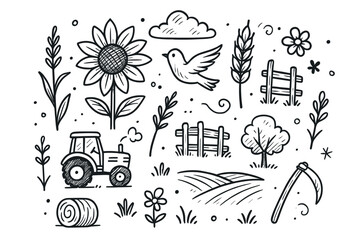 Hand-drawn farm elements with tractor, sunflower, and dove