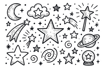 Doodle art: stars, moons, and cosmic elements in black and white