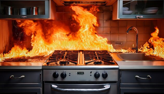 a kitchen engulfed in flames illustrates the devastating impact of uncontrolled fire reminding viewers of the importance of fire safety and prompt action in emergencies