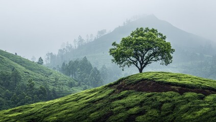 Single tree on a green hill with a misty mountain backdrop