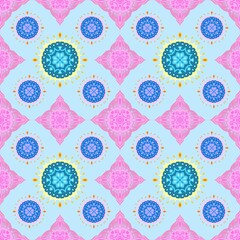 Seamless Colorful Mandala Pattern Set with Pink and Blue Motifs on Light Blue Background