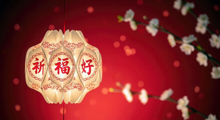 Traditional chinese lantern with auspicious symbols glowing warmly for celebrations