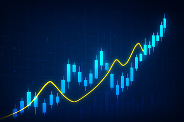 Stock market analysis with glowing blue candlestick chart and yellow growth trend line