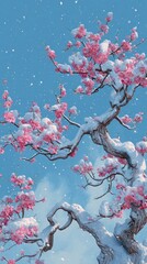 Snowy branches with pink blossoms against a blue sky