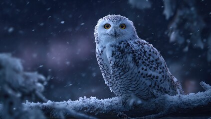 Snowy owl perched on a branch under snowfall during a winter night scene