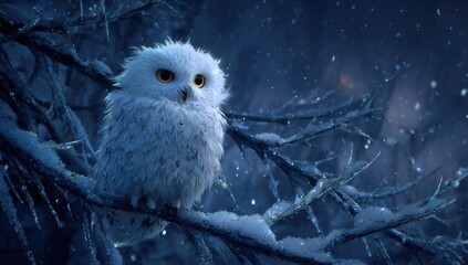 Snowy owl perched on winter branches under soft evening light