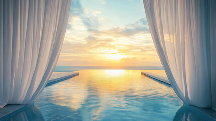 Naklejka na ściany i meble serene infinity pool with flowing curtains overlooking sea at sunset. tranquil summer vacation. travel brochure, relaxation poster, or spa advertisement.