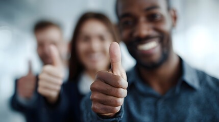 A diverse business team expresses positivity and agreement with a thumbs up gesture in a bright office setting