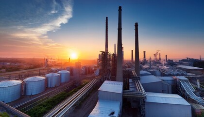 sunrise over industrial complex with towering smokestacks