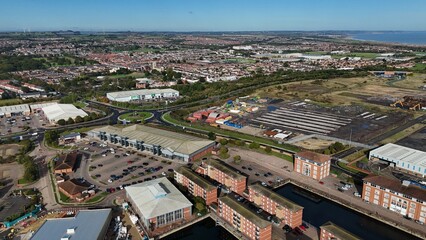 Aerial drone view of Hartlepool marina and harbour, coastal town in County Durham North East...