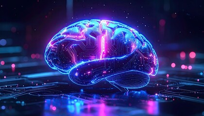 Artificial Brain Model with Glowing Neon Lights on Dark Background Conceptual Technology Image