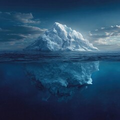 Majestic Iceberg in Cold Ocean Waters Reflecting Underwater with Dramatic Sky in an Atmospheric View
