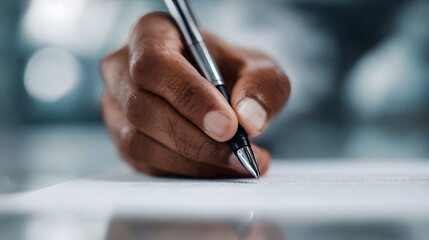 Close up of a hand holding a pen and writing on a document emphasizing focus and professionalism