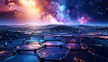 Obraz premium Fantastical planet landscape overlooking a futuristic surface reminiscent of a graphene crystal lattice. A sense of perspective and the fusion of science, nature, and space
