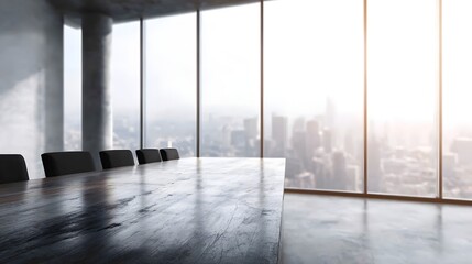 Modern boardroom with panoramic city view bathed in bright daylight