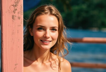 Smiling surfing instructor standing near a wave observation area