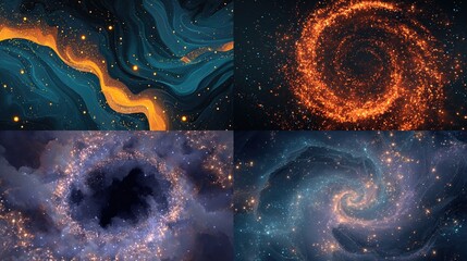 Four vibrant abstract art panels fluid teal/gold, fiery spiral, smoky vortex, and icy galaxy