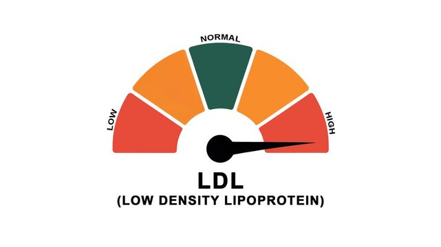 Animated LDL (bad cholesterol) / Low density lipoprotein  level meter moving from high level to normal level for concepts heart health, cholesterol management and medical monitoring