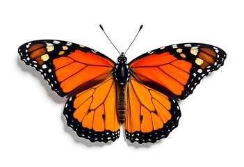 Fototapeta premium Vibrant monarch butterfly showcasing intricate patterns and stunning orange wings against a clean white backdrop, perfect for elegant designs