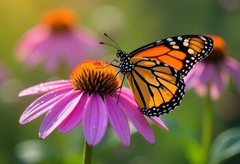 Naklejka premium Vibrant Monarch butterfly delicately perched on a stunning pink coneflower in a sun-drenched garden, nature's beauty