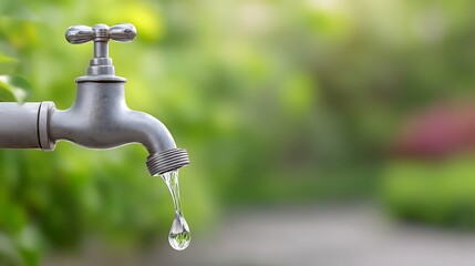 Dripping Silver Faucet with Water Droplet Reflecting Greenery on a Sunny Day