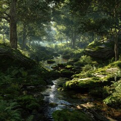 Tranquil forest scene stream flowing through lush green landscape