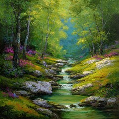 Tranquil stream flowing through lush green forest landscape